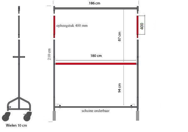 Dubbel transportrek B180 x H210 cm technische tekening