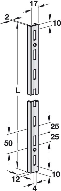 Wandrek rail zwart enkele perforatie per paar 200 cm lang afmetingen
